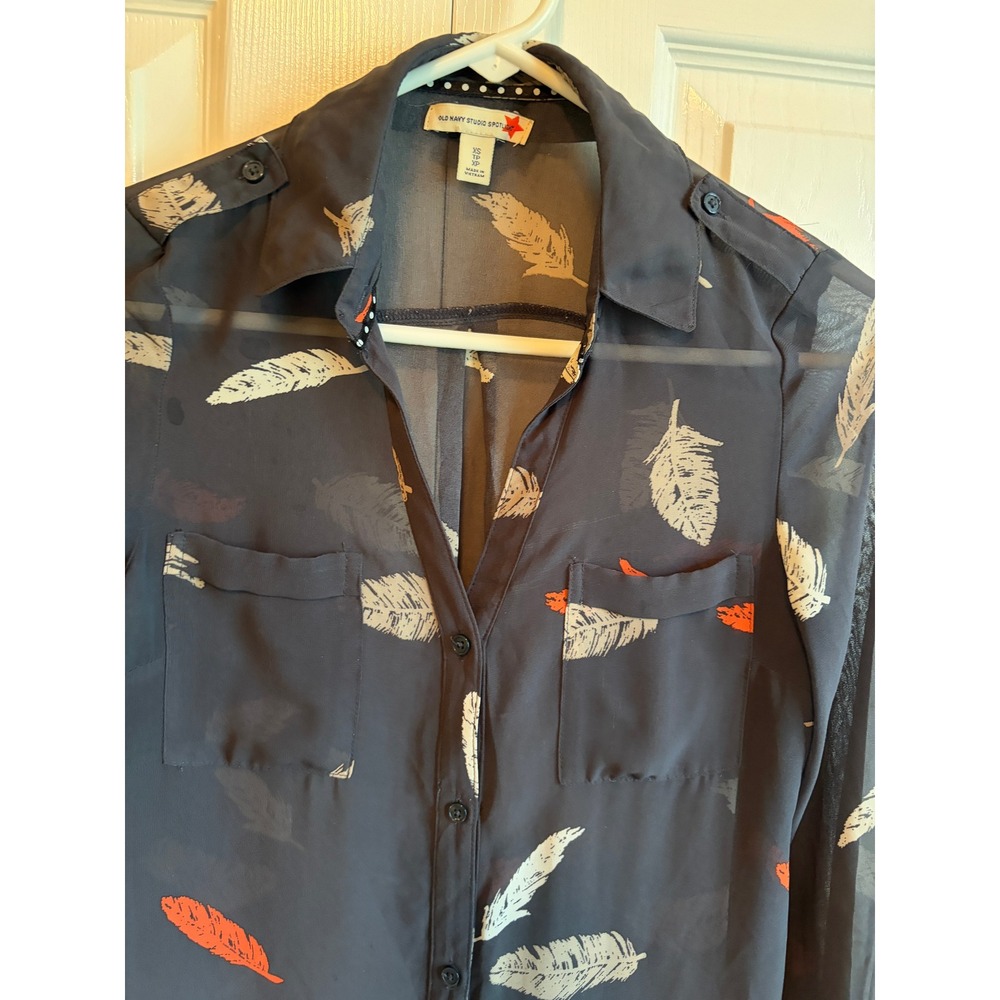 Old Navy Studio Spotlight Feather Print Shirt Dress Navy Blue Orange Womens XS - Picture 2 of 4